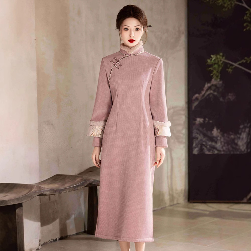 Beizhiyun New Chinese Style Elegant Improved Cheongsam Autumn and Winter Women's Hanfu Straight Shoulder Slim Dress