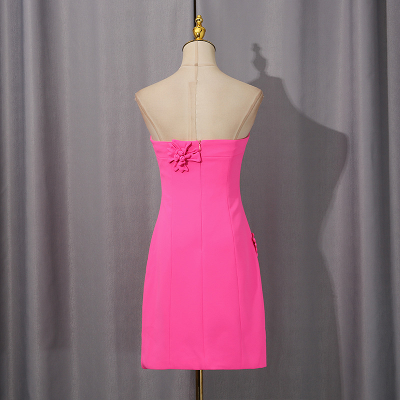 Rose Pink Tube Top Short Dress Three Dimensional Floral Decoration Solid Color Dress 16 Rose Pink Tube Top Short Dress Three Dimensional Floral Decoration Solid Color Dress