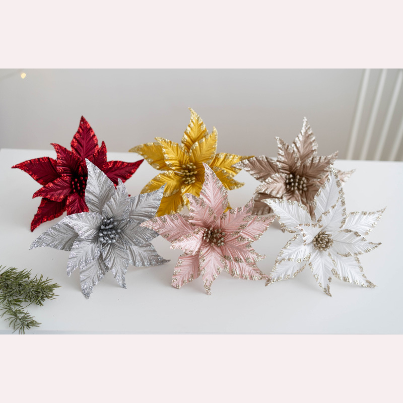 Adornos navideños de tela, flores doradas y plateadas para decoración de árbol