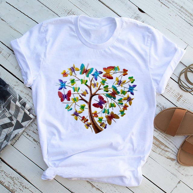 2024 Butterfly Tree T-Shirt butterfly tree printed women's casual short sleeved T-shirt_voghion.com