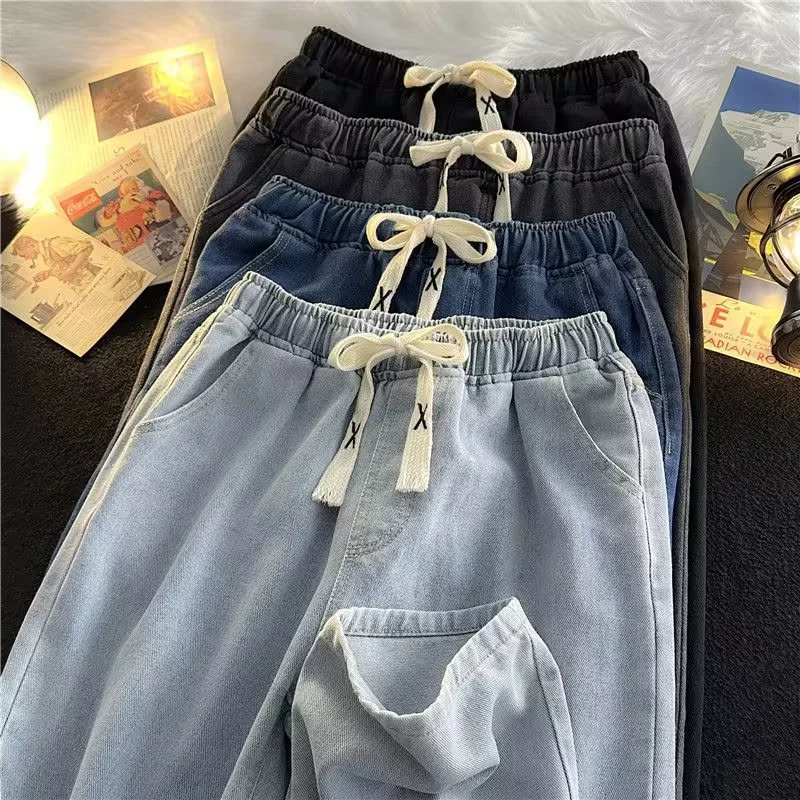 Осенние джинсы, модная синяя брюки, эластичный пояс, oversize, свободный прямой покрой