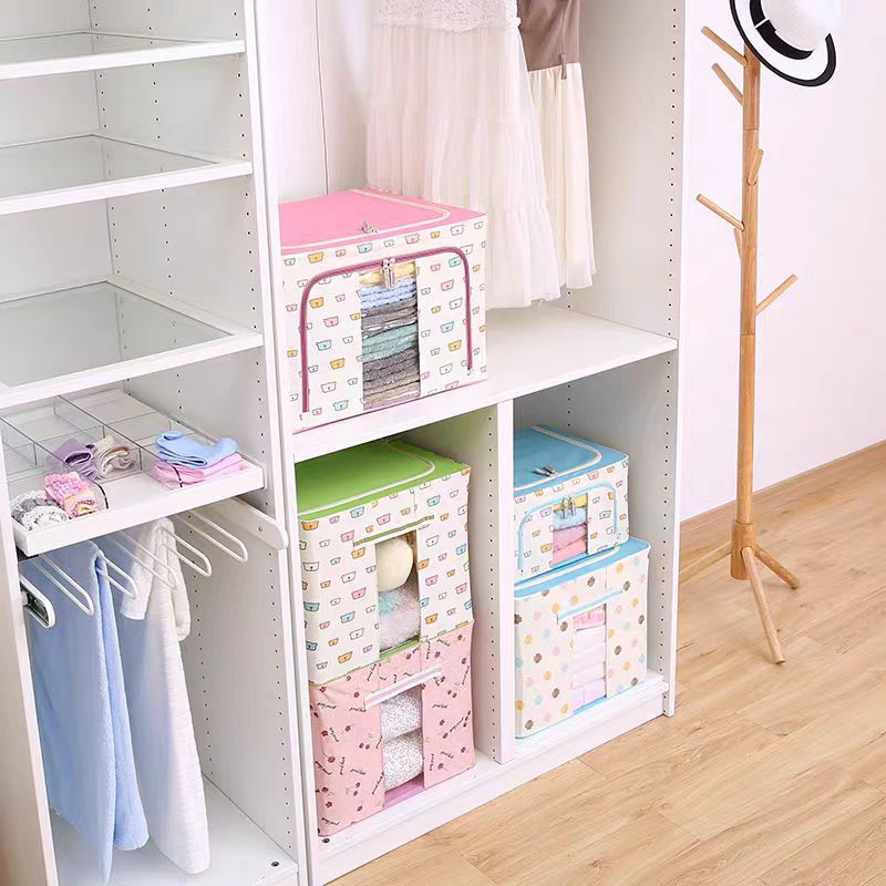 Cotton and Linen Clothing Storage Box with Steel Frame, Household Fabric Quilt and Clothing Organizer, Foldable Wardrobe for Moving, Dormitory Waterproof