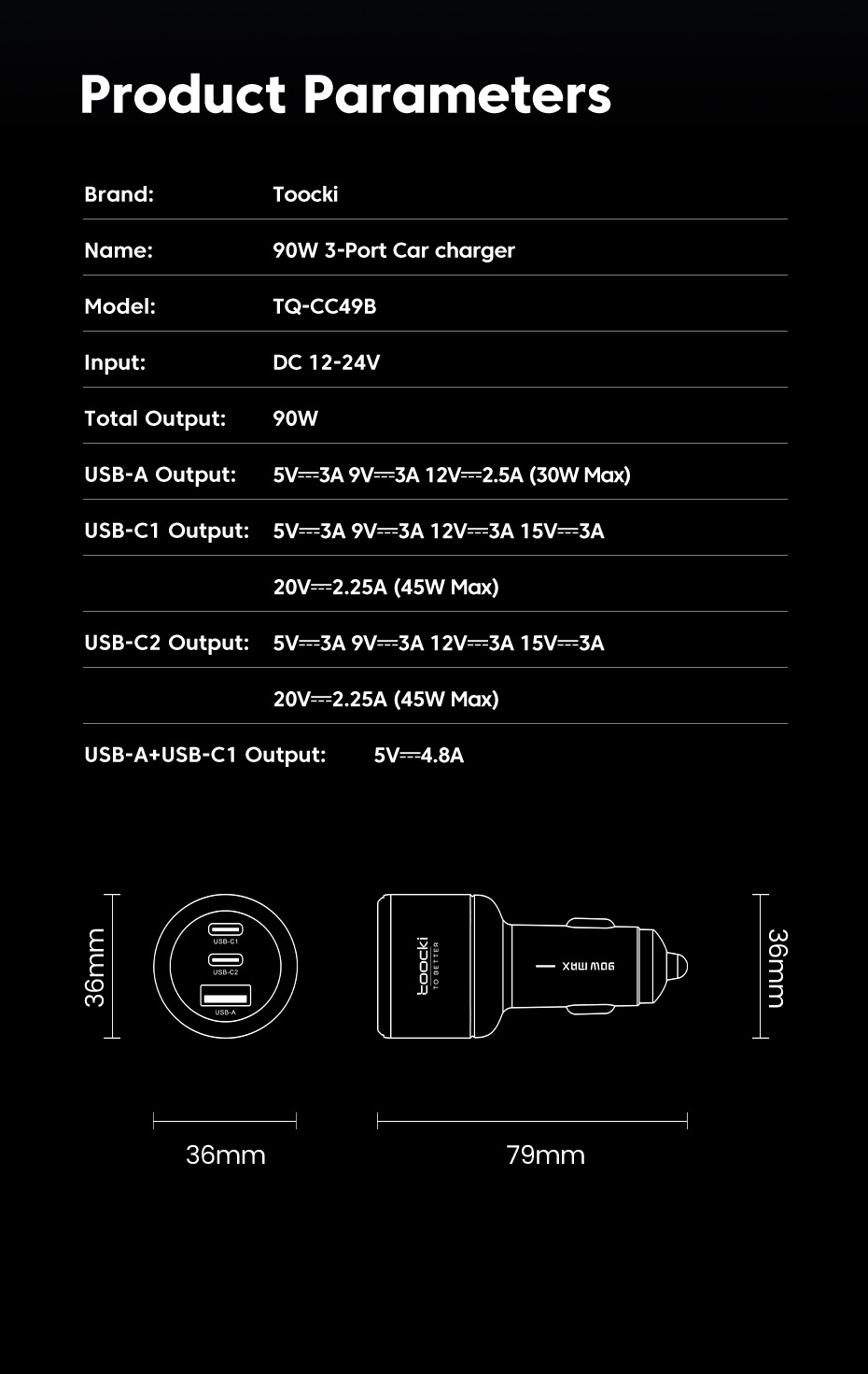 Toocki Cross-Border 90W Ambient Light Three-In-One Super Fast Charging Charger Car Cigarette Lighter Charging Head