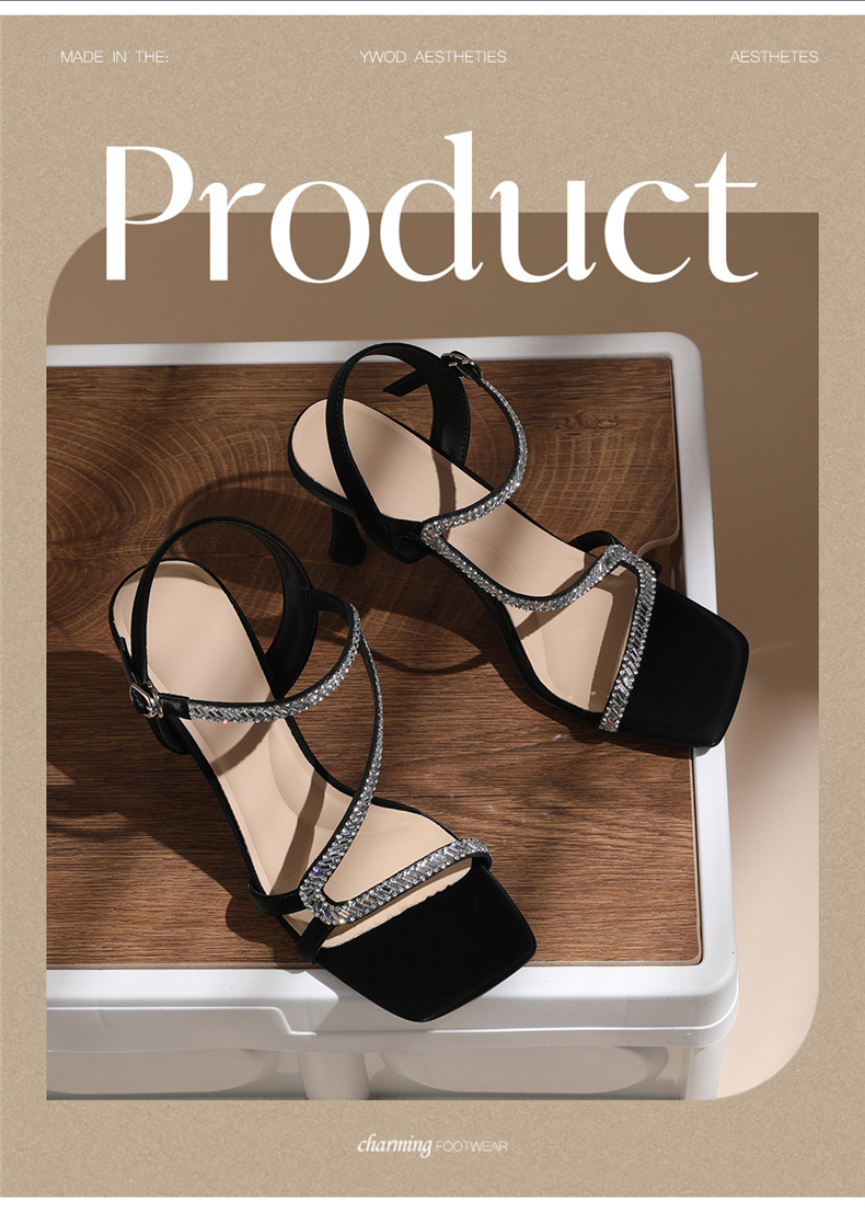Sandal cao gót nữ quai ngang mũi vuông đính đá pha lê gót nhọn 9 cm — 7203 màu đen, 7203 màu vàng kim chi tiết 3