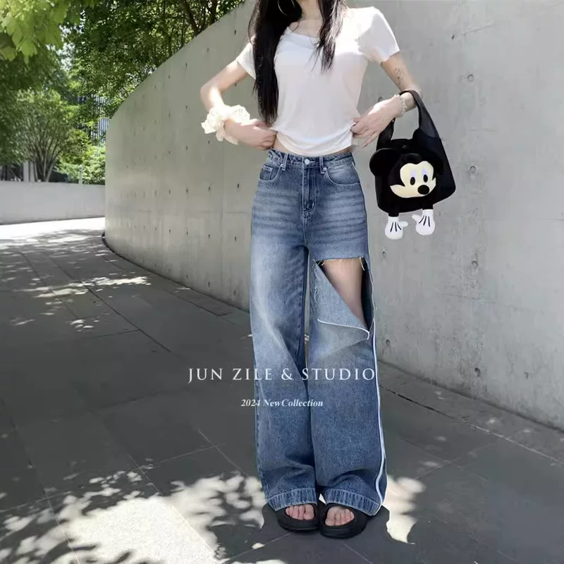 Retro spring trousers, jeans, American style, high waist, loose straight fit