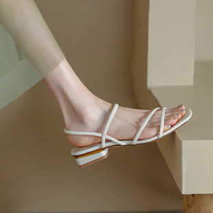 2024 Summer New All-match Sandals Fairy Open-toe Thin Strap Thick Heel Sexy Mid Heel Roman Korean Style French Simple