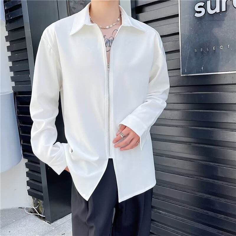 Spring Adjustable Long and Short-sleeved Design Sense Shirt Men's Hair Stylist Non-ironing Draped Handsome Casual Zipper Shirt Trendy