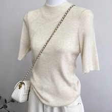 半高领百搭针织衫简约2025春秋新款五分袖打底修身显瘦中袖上衣女