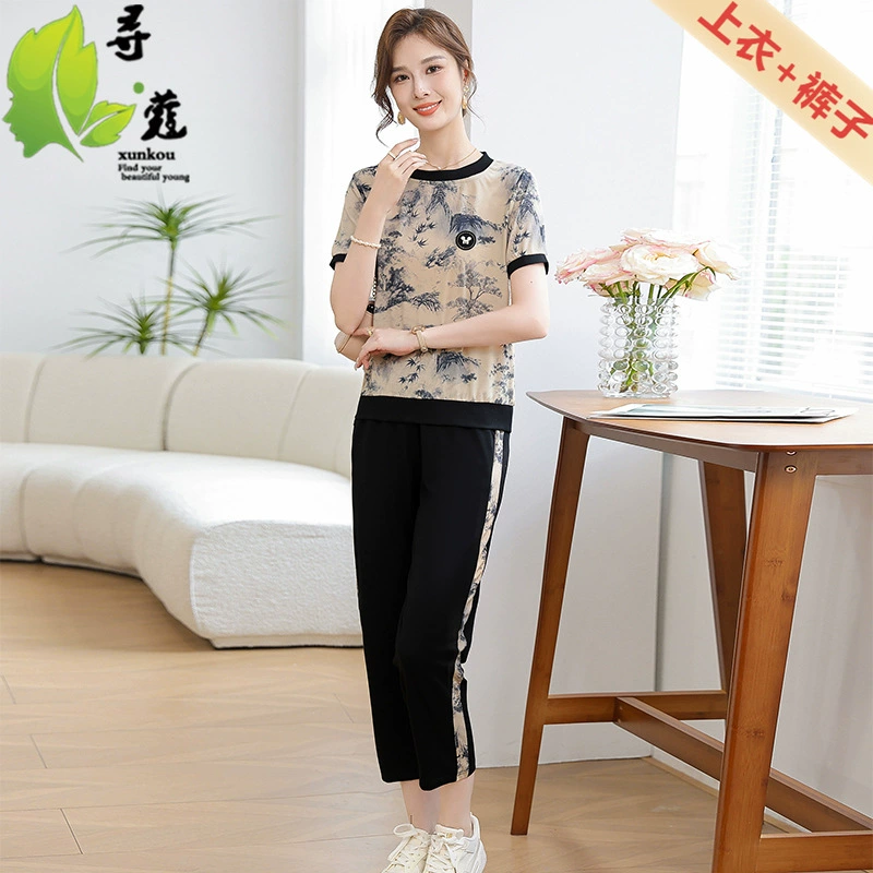 Уловка с круглым вырезом среднего и пожилого летнего костюма женская мода мама среднего возраста спортивная одежда иностранная повседневная девушка из двух частей