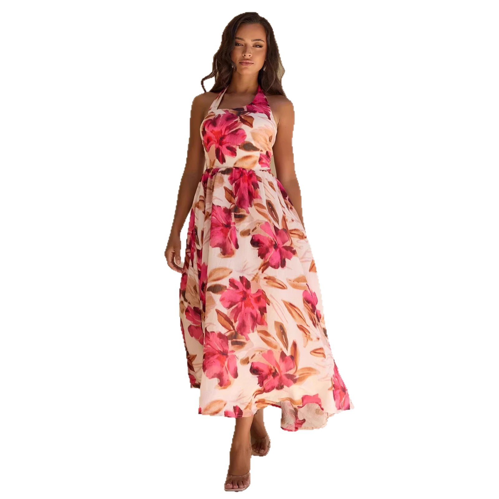 Fashionable Halter Neck Tie Waist Backless Dress Large Floral Print Long Skirt Women's Elegant New Style_ecoleips.com