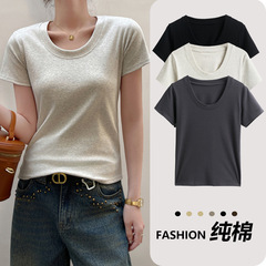 クラシックピュアコットンラウンドネック右肩半袖Tシャツ女性用2025新作T春夏ウェアラブルスリムボトムシャツ
