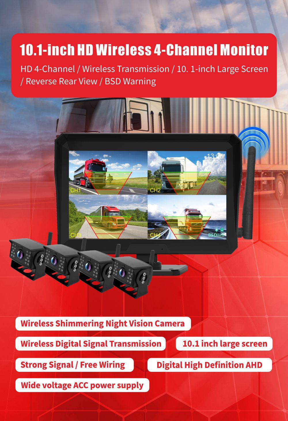 Wireless Car Monitor Backup Camera HD Night Vision Dual Recording