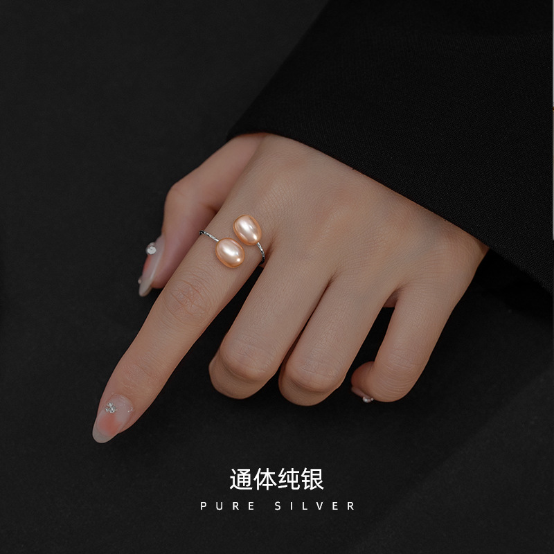 S925純銀珍珠戒指女冷淡風氣質手飾小眾設計車花個性素圈開口指環