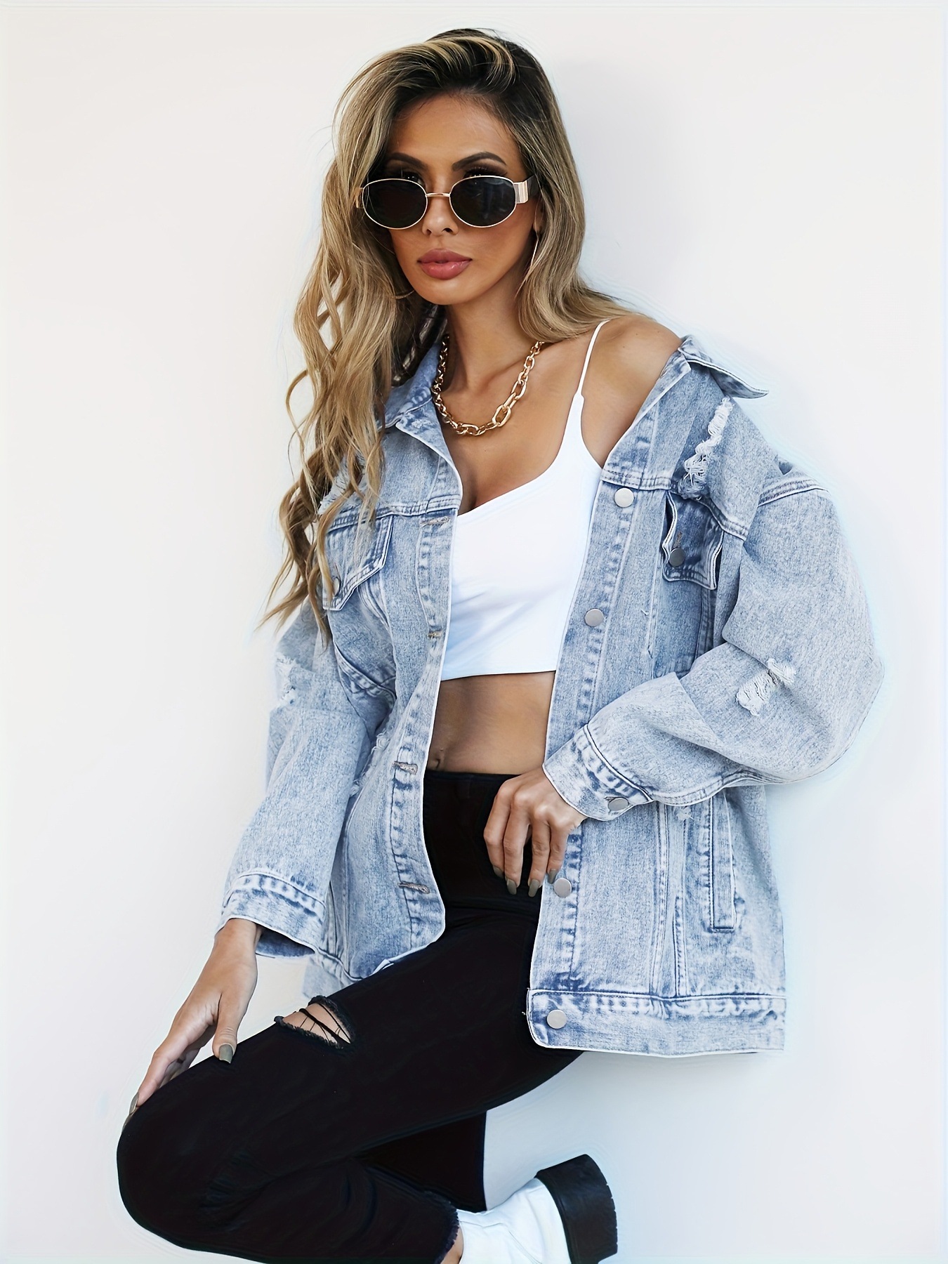 Cross-Border New European and American Amazon Aliexpress Denim Jacket Women's Ripped Design Women's Denim Jacket Tops Women