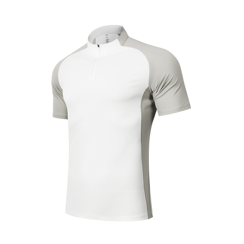 Camiseta deportiva de secado rápido al aire libre de verano para hombres con cuello vertical y medio cremallera, trajes de gimnasio para hombres sueltos, entrenamiento de correr de manga corta