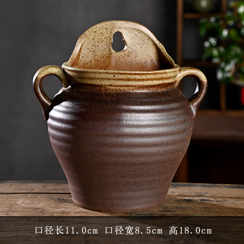 Patio al aire libre montado en la pared retro creativa maceta de eneldo verde cerámica de cerámica de gres para el hogar olla de cerámica carnosa liquidación al por mayor