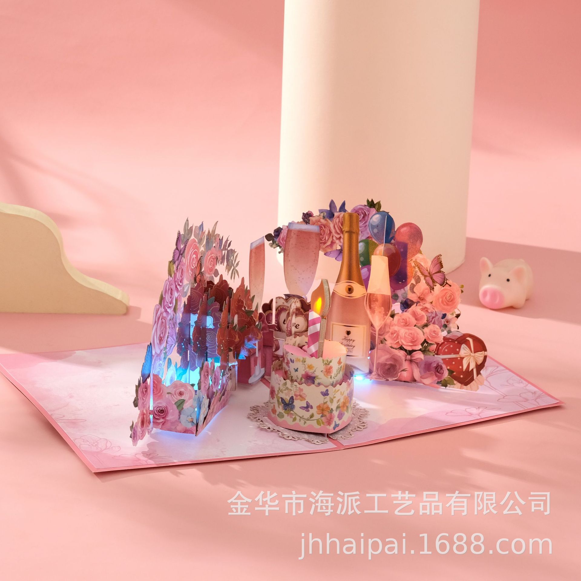 跨境新款创意生日立体贺卡高级感带灯光可吹气祝福3d灯光立体贺卡