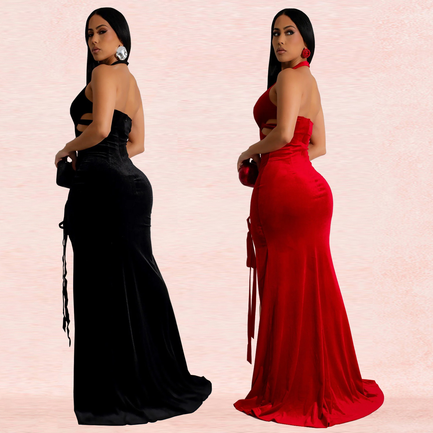 C7156 Aliexpress transfronterizo Amazon Europa y América moda de mujer cuello colgante brazo sexy vestido bifurcado nuevo image 3