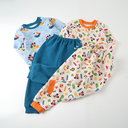 Children's air layer home clothes set pure cotton quilted thermal underwear for boys and girls autumn and winter UNIQUE K children's clothing