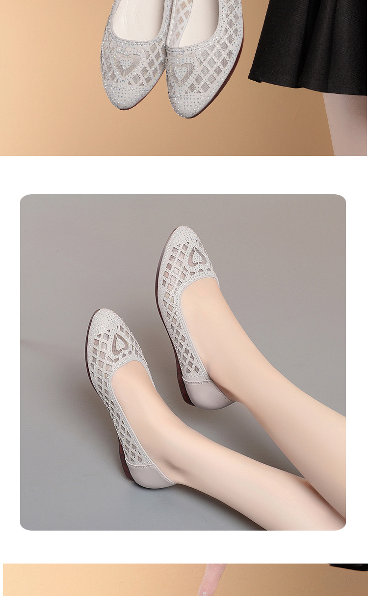 Sandal nữ da thật mũi tròn đính đá đế bệt thoáng khí — Màu be chi tiết 13