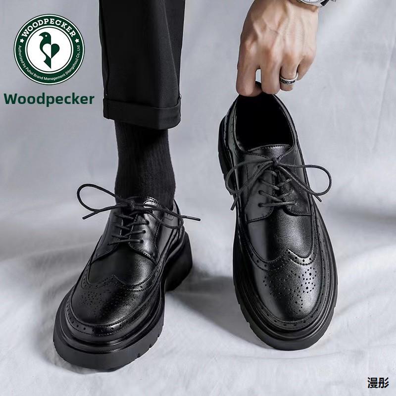 啄木鸟皮鞋男士真皮冬丝绒暖正装商务英伦风高端布洛克皮鞋新郎鞋