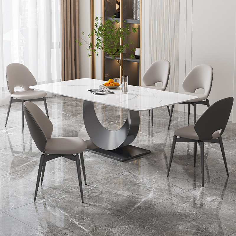 Luz de lujo de alta gama placa de roca rectangular mesa de comedor sala de estar moderna mesa de comedor de acero inoxidable simple combinación de mesa y silla