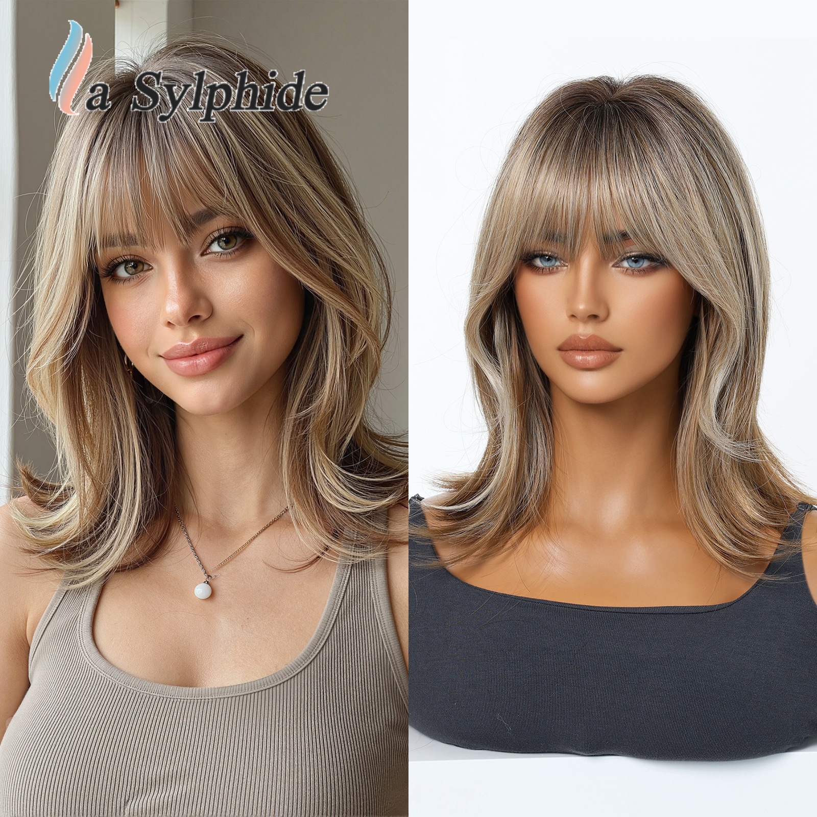 Cross-Border Wig for Women, Full Head Cover, Brown, High Crown, Multi-Layered, Straight Bangs, Shoulder-Length Curly Hair, Popular in Europe and America, in Stock