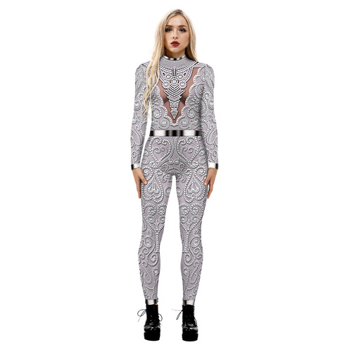 Cross-border skeleton 3D digital printing Halloween cosplay costume women's tight long-sleeved jumpsuit