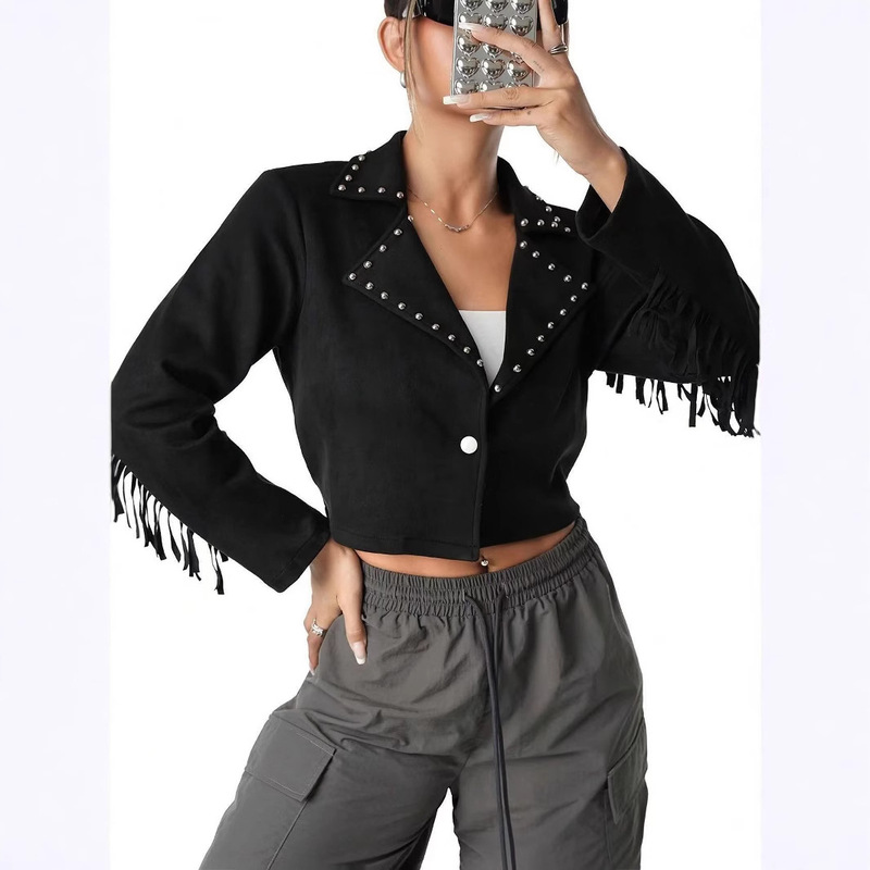 2025 Cross-border Foreign Trade Design Sense Metal Nailing Western Denim Style Deerskin Velvet Women's Short Tassel Jacket