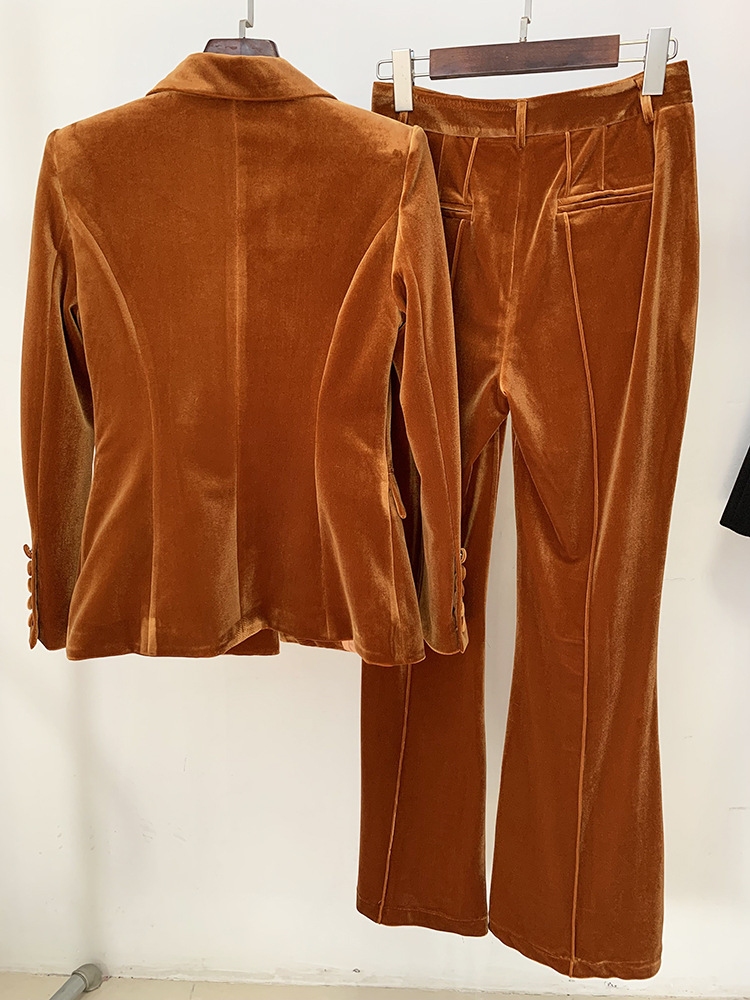 Women's Clothing Autumn And Winter Professional Fashion One Button Gold Velvet Suit Jacket Flared Pants Suit Two Piece Set_voghion.com