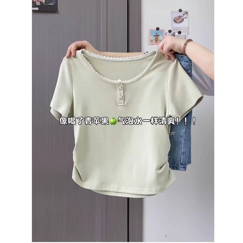Cross-Border Foreign Trade【Laiya 1×1 Customizable】Short-Sleeve T-Shirt for Women, 2026 Summer Design with Lace Trim Cross-Border Foreign Trade【Laiya 1×1 Customizable】Short-Sleeve T-Shirt for Women, 2026 Summer Design with Lace Trim