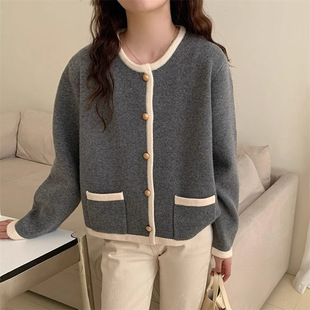 Trimmed Contrasting Round Neck Single-Breasted Simple Elegant Knitted Cardigan for Women Spring & Fall New Korean Style Age-Reducing Sweater Jacket