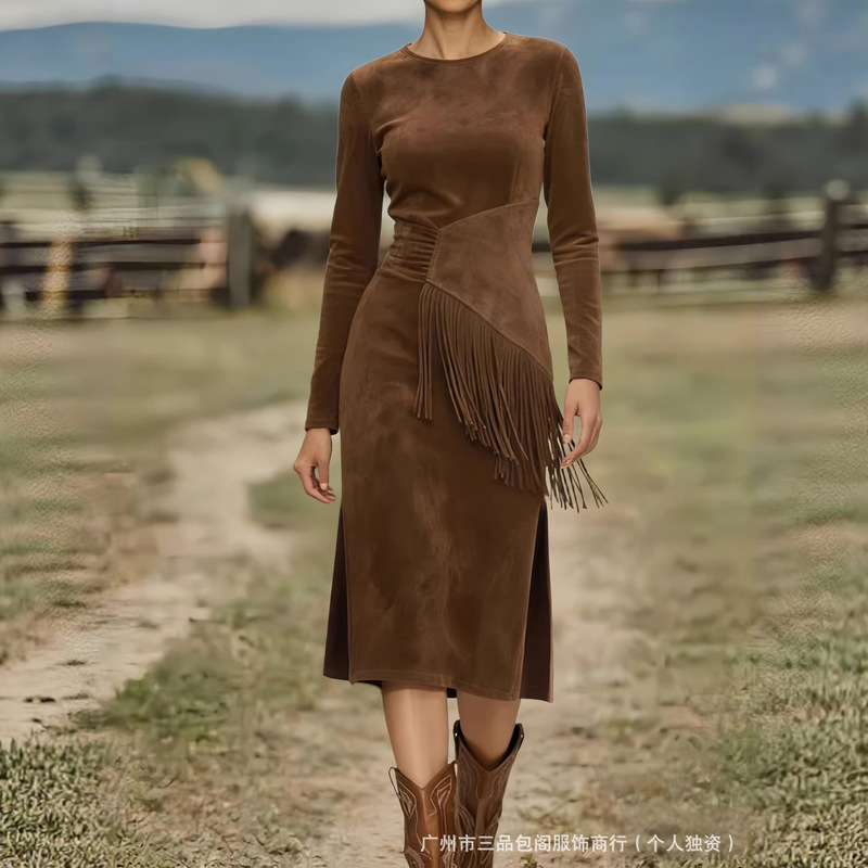 Cross-Border European and American New Women's Retro Western Round Neck Slim Long-Sleeved Tassel Imitation Suede Dress
