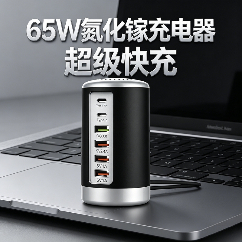 65W GaN charger, multi-port desktop vertical 6-port universal fast charging adapter for mobile phones and laptops, customizable 65W GaN charger, multi-port desktop vertical 6-port universal fast charging adapter for mobile phones and laptops, customizable