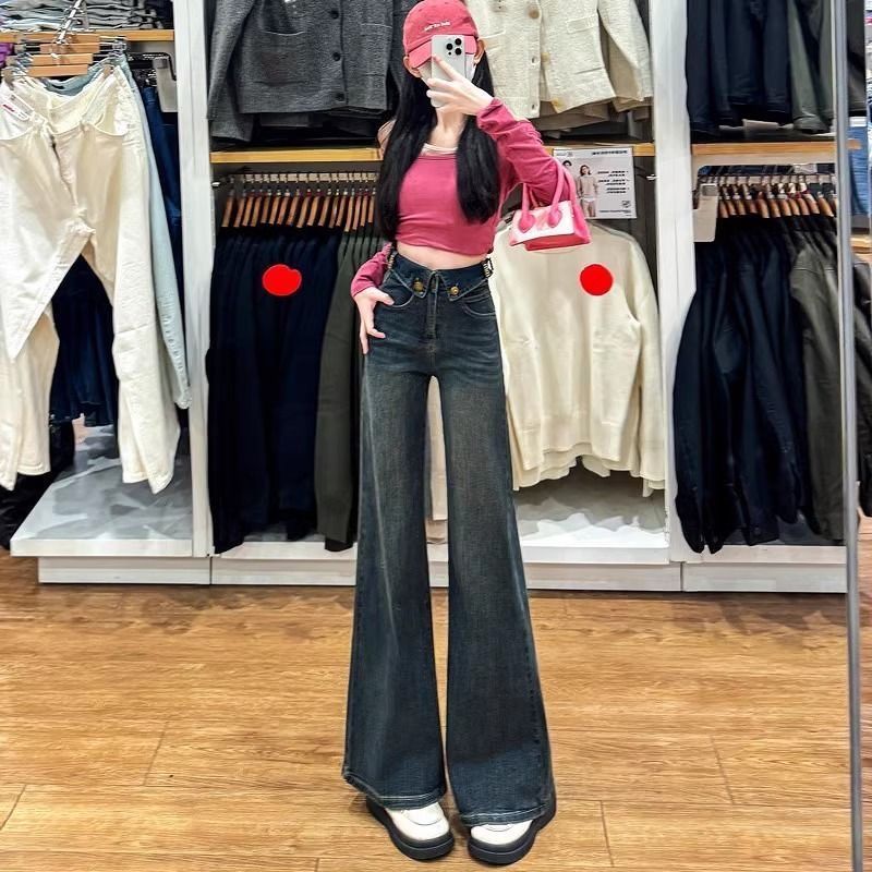 韩版辣妹时尚翻边复古纽扣设计感高腰紧身显瘦小个子牛仔微喇裤女|undefined