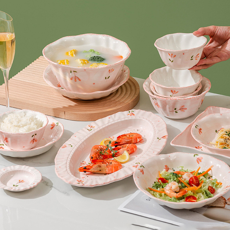 Household Ceramic Bowl Tableware Rice Bowl Trendy Straw Hat Plate Bowl Ins New Bowknot Bowl and Plate Set Ins Style