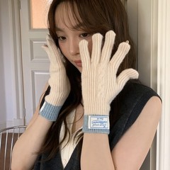 秋冬季可触屏五指保暖拼色韩版2025新款毛线针织手套百搭防寒加长