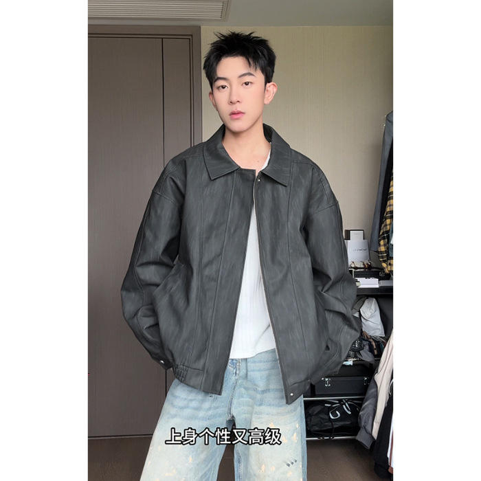 美式复古cleanfit哈灵顿PU皮夹克男加肥大码扎染机车痞帅翻领外套|undefined