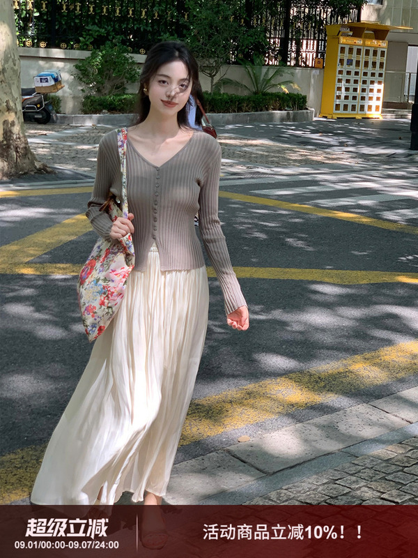 SYT温柔婉约 松弛感飘逸大摆褶皱高腰半身裙女显瘦长款杏色百褶裙|undefined