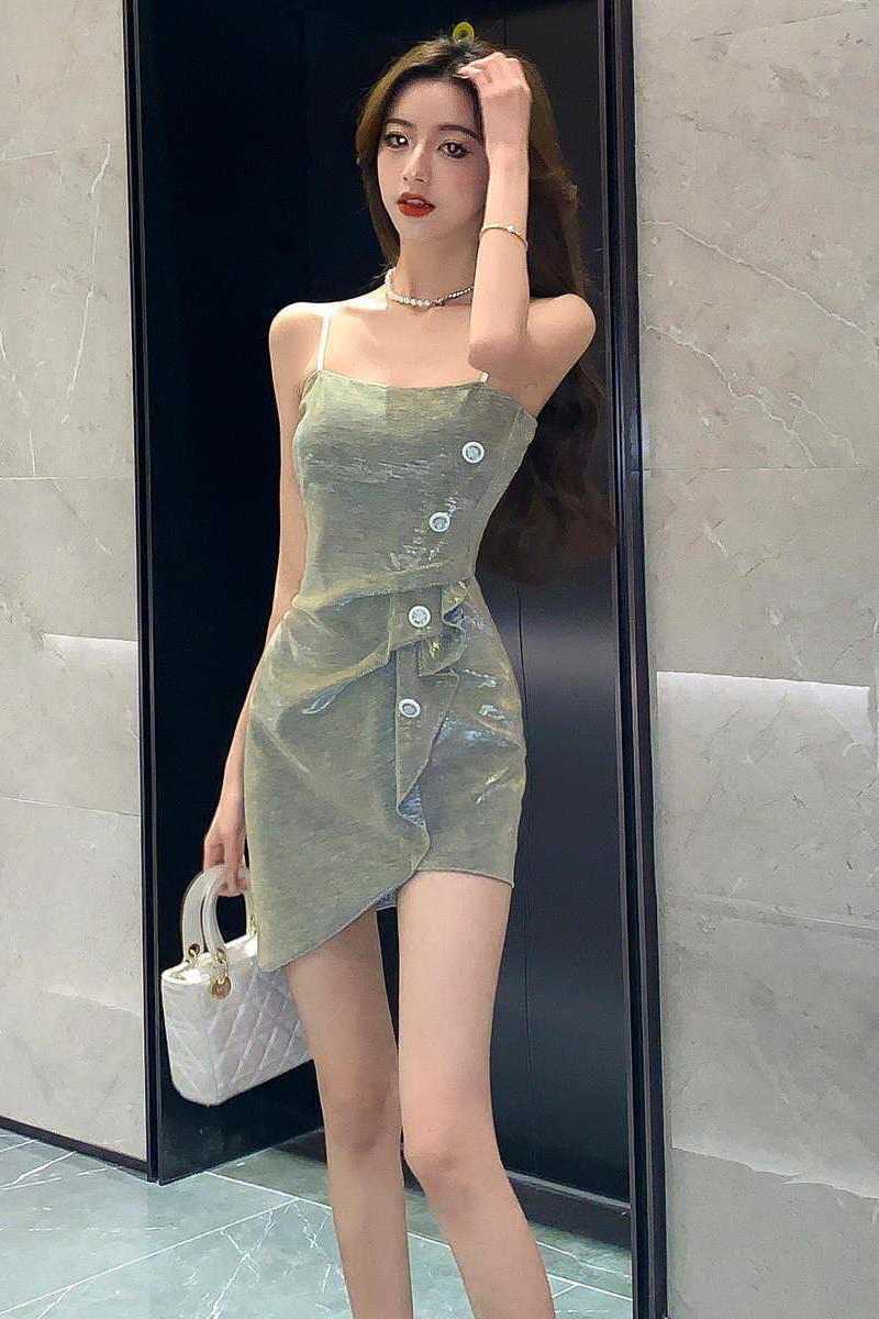 Sexy Pure Lust Hot Girl Irregular Suspender Tube Top Dress High-End Western Style Shiny Birthday Dress for Women