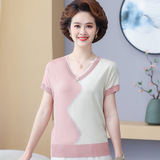 中老年女裝夏季冰絲針織衫涼爽透氣時尚V領媽媽裝短袖拼色上衣T恤，女裝T恤，妃慕昵服飾