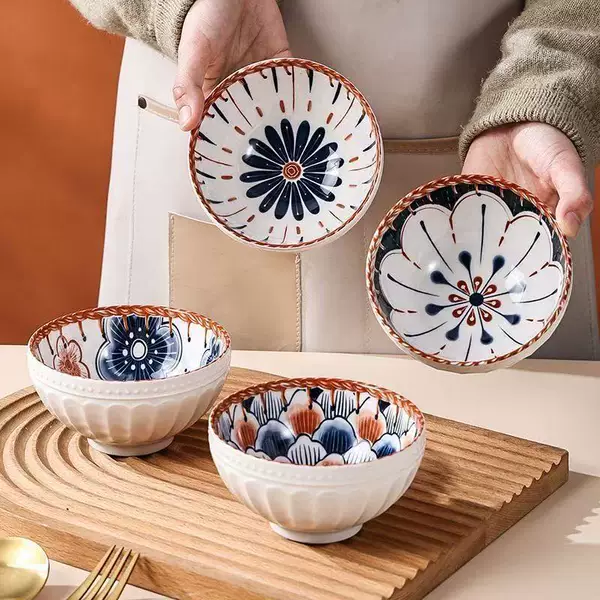 Japanese Rice Bowl Household Underglaze Ceramic Bowl Petal Bowl Ins Popular Retro Rattan Bowl Creative Tableware