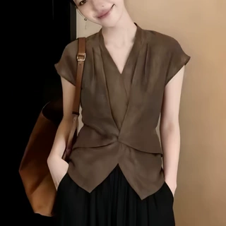 扭结超火衬衫减龄2026短袖夏季新款设计遮肚上衣洋气小衫上衣显瘦