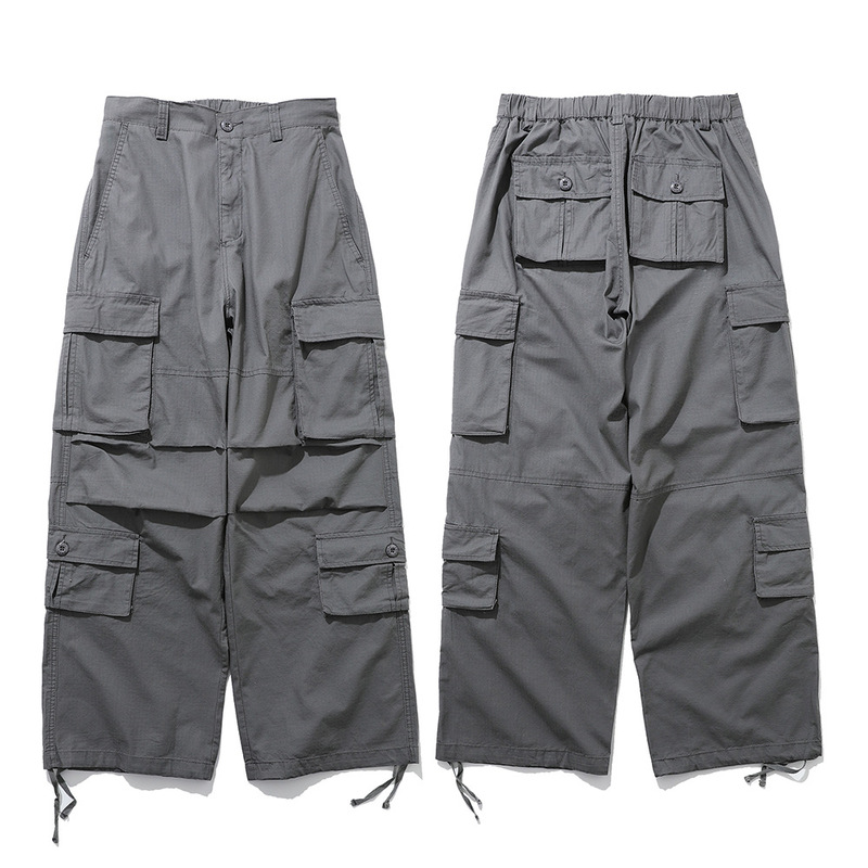 Functional style Pocket Workwear casual pants men's loose wide-leg trousers pleated paratrooper drawstring sports pants high street fashion