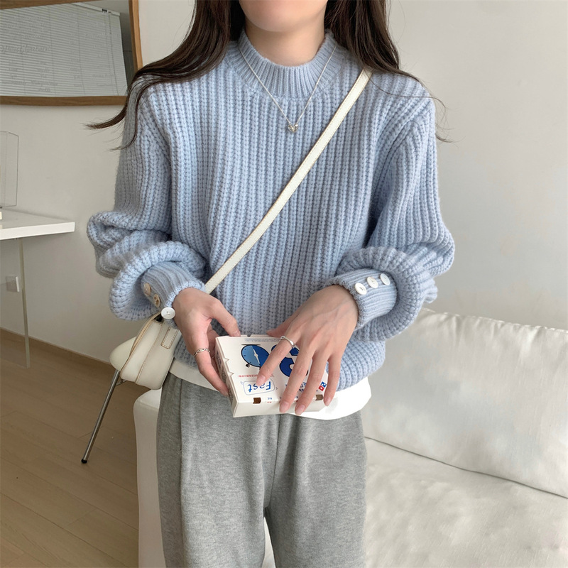 宽松软糯针织衫女秋冬季袖口纽扣内搭打底短款加厚毛衣温柔风上衣|undefined