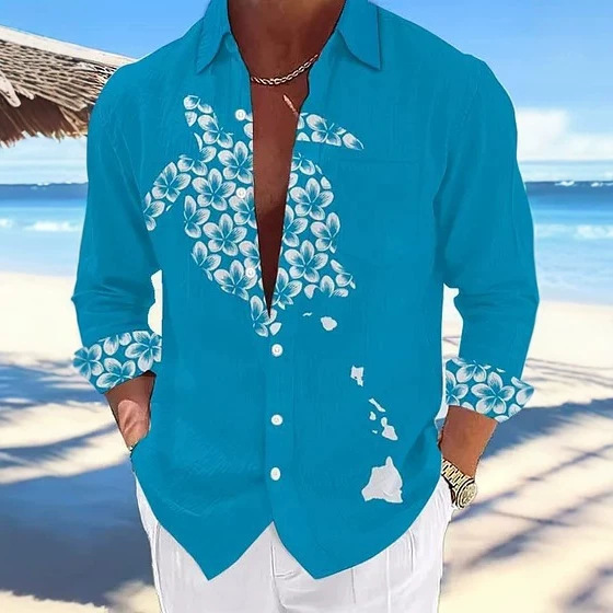 Lake Blue Plumeria Turtle Print Long Sleeve Shirt Men's Hawaiian Vacation Loose Shirt