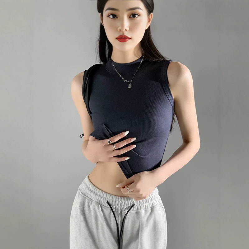 Trendy Tiktok Women's Summer Vest, Fashionable Elastic Sleeveless Top, Round Neck Fitness Tank Top with a Stylish Design