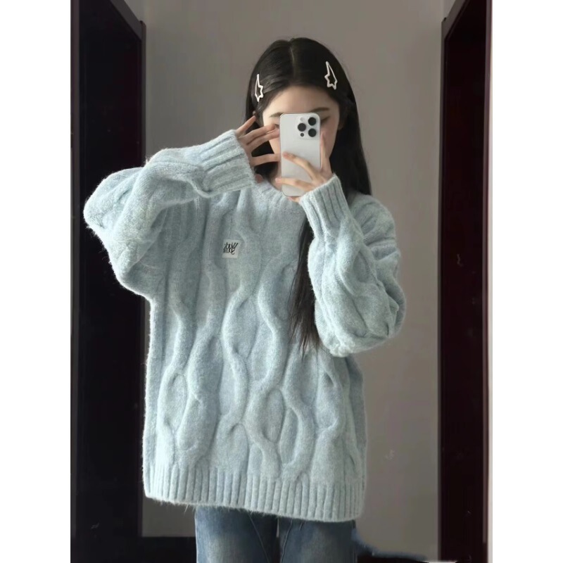 Korean Style Twist Round Neck Sweater for Women in Autumn and Winter, Loose Outer Wear, Lazy Style, Soft and Waxy Thickeneded Knitted Top Korean Style Twist Round Neck Sweater for Women in Autumn and Winter, Loose Outer Wear, Lazy Style, Soft and Waxy Thickeneded Knitted Top