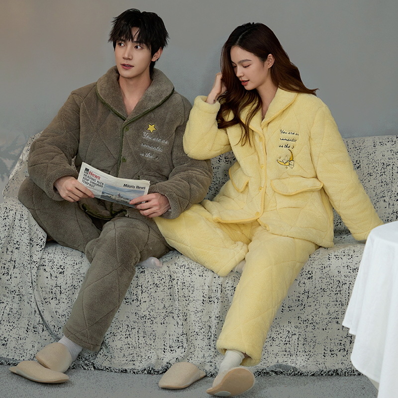 Tres capas gruesas de algodón acolchado pareja pijama de coral vello de invierno para hombres y mujeres ropa doméstica de algodón chaqueta se puede usar fuera