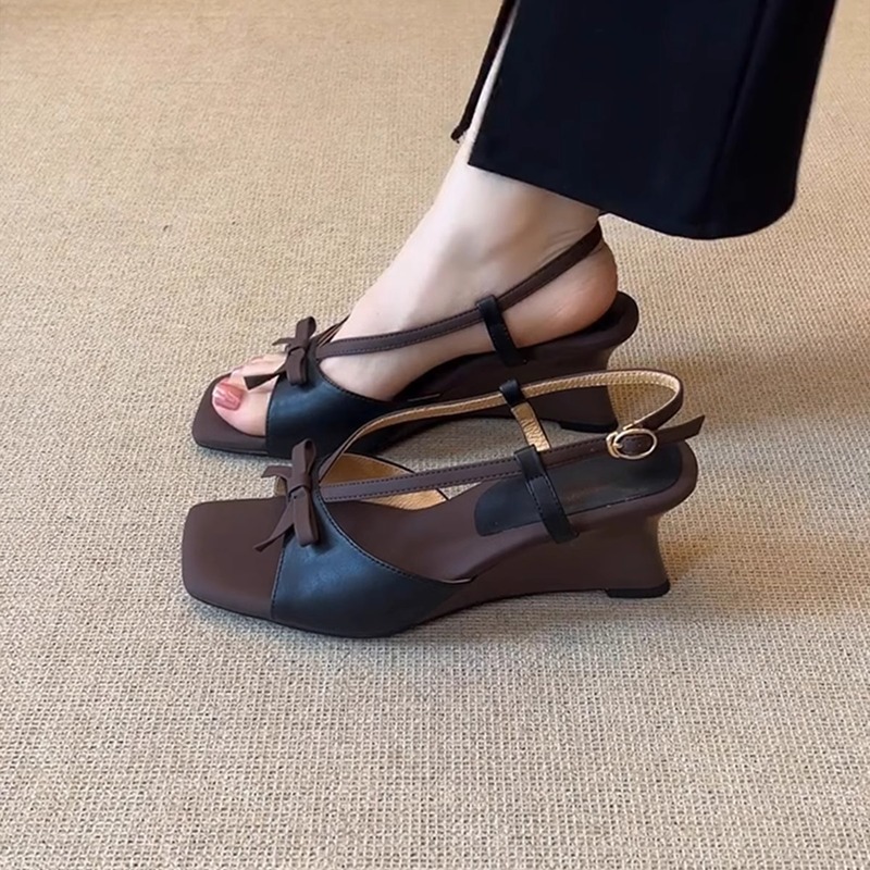 羊皮版~小众时尚露趾蝴蝶结坡跟凉鞋女夏舒适百搭不累脚外穿凉鞋|undefined